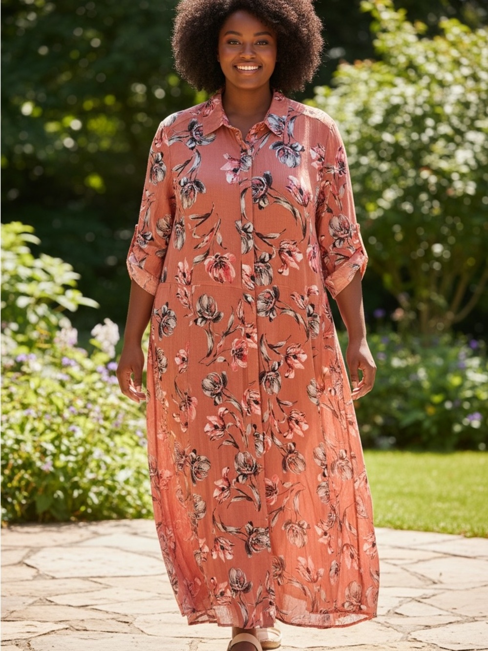 Woman Within Coral Floral Button-Front Dress